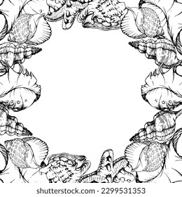 Tinta vectorial dibujada a mano cáscaras de mar exóticas y vidrio colorido, pez estrella. Marco de la corona circular. Aislado sobre fondo blanco. Arte mural de diseño, boda, imprenta, tela, cubierta, tarjeta, turismo, folleto de viaje