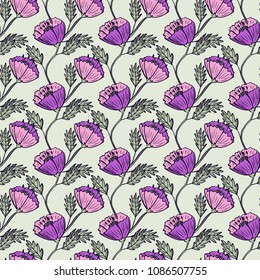 Hand drawn vector ink flowers seamless pattern. Boho, ethnic, nature feminine background, textile texture.