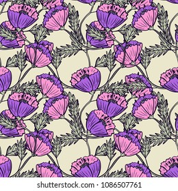 Hand drawn vector ink flowers seamless pattern. Boho, ethnic, nature feminine background, textile texture.