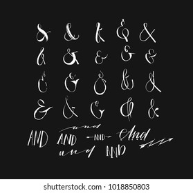 Hand drawn vector ink graphic drawing big collection of ampersands and catchwords isolated on black background.Great vector design set for wedding invitations, save the date cards and other stationary