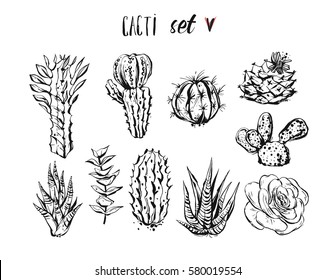 Hand drawn vector ink graphic creative succulent,cactus and plants collection set isolated on white background.Unique unusual hipster trendy design.Hand made graphic illustration.