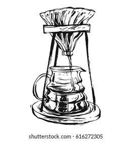 Hand drawn vector ink graphic vintage coffee maker machine lined illustration isolated on white background.Coffee drawind decoration for shop,business,logo,branding,stamps,menu,brochure,flayers.