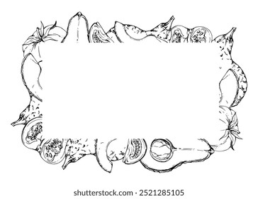 Hand drawn vector ink green avocado, tomato vegetable diet healthy lifestyle, vegan cooking. Illustration rectangular border frame isolated white background. Design recipe book, website, card, menu