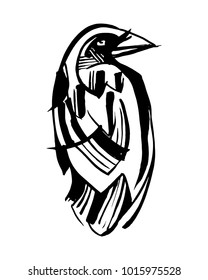 Hand drawn vector ink illustration or drawing of a black raven