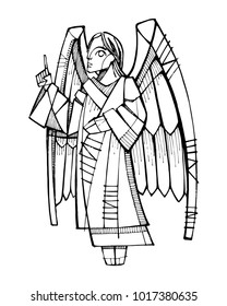 Hand drawn vector ink illustration or drawing of an angel