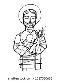 Hand drawn vector ink illustration or drawing of Saint Joseph and baby Jesus