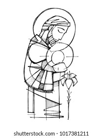 Hand drawn vector ink illustration or drawing of Saint Joseph and baby Jesus
