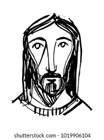 Hand drawn vector ink illustration of Jesus Christ Face