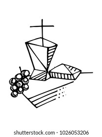 Hand drawn vector ink illustration or drawing of some Eucharist religious symbols