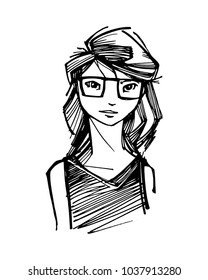 Hand drawn vector ink illustration or drawing of a young woman with glasses