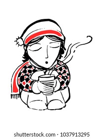 Hand drawn vector ink illustration or drawing of a young woman with winter clothes and coffee
