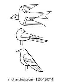 Hand drawn vector ink illustration or drawing of some birds