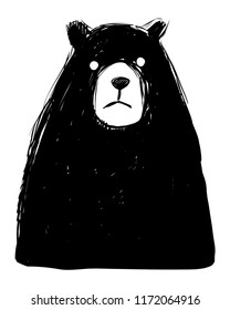 Hand drawn vector ink illustration or drawing of a black cartoon bear