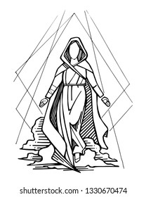 Hand drawn vector ink illustration or drawing of Virgin Mary and sky