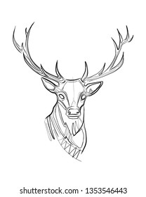 Hand drawn vector ink illustration or drawing of a deer head