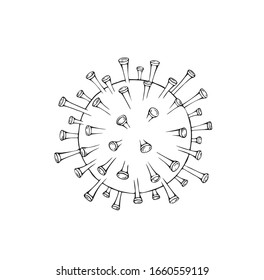 Hand drawn vector ink illustration of coronavirus. Black and white Virus Covid-19 sketch. Isolated 