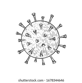 Hand drawn vector ink illustration of coronavirus. Black and white Virus Covid-19 sketch. Isolated 
