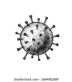 Hand drawn vector ink illustration of coronavirus. Black and white Virus Covid-19 sketch. Isolated 