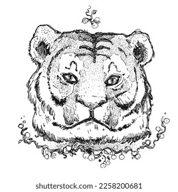 Hand drawn vector ink illustration with tiger and berries. Ready to use tattoo sketch, manually drawn freehand art, magical no-AI drawing. Tiger wild animal big cat.