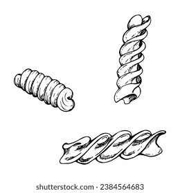 Handgezeichnete Vektorgrafik. Sorten von Nudeln italienischen Küche Fusilli, rotini Korkenzieher Gericht. Satz von Einzelobjektelementen einzeln auf Weiß. Restaurant, Speisekarte, Gastronomiepaket, Flyer, Druck.