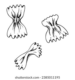 Hand drawn vector ink illustration. Types of pasta Italian cuisine farfalle traditional dish. Set of single object elements isolated on white. For restaurant, menu, food shop package, flyer, print.