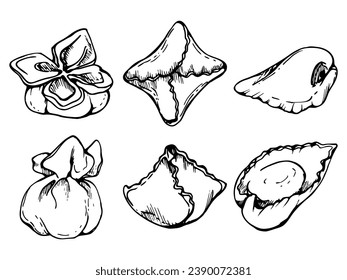 Hand drawn vector ink illustration. Types of pasta Italian cuisine fagottini tortellini dish. Set of single object elements isolated on white. For restaurant menu, food shop and package, flyer, print.