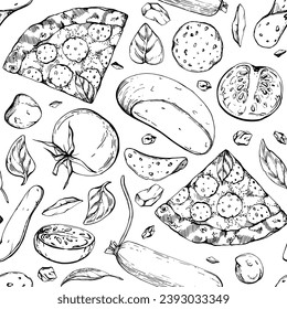 Hand drawn vector ink illustration. Pepperoni pizza slice with toppings, Italian cuisine meal. Seamless pattern isolated on white. Design for restaurant menu, cafe, food shop or package, flyer, print.