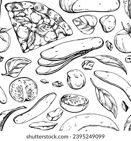 Hand drawn vector ink illustration. Margherita pizza slice with toppings, Italian cuisine meal. Seamless pattern isolated on white. Design for restaurant menu, cafe, food shop or package, flyer print.