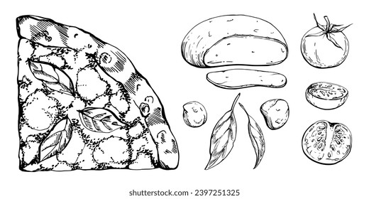 Hand drawn vector ink illustration. Margherita pizza slice, mozzarella tomato basil, Italian cuisine. Set of objects isolated on white. Design restaurant menu cafe, food shop or package, flyer print.