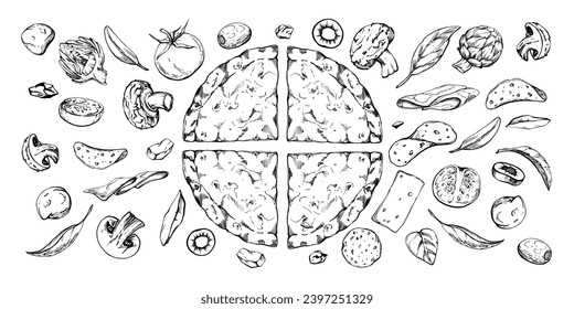 Ilustración de tinta vectorial dibujada a mano. Ropa de pasta, ingredientes variados, boceto de cocina italiana. Composición aislada en blanco. Diseño para menú de restaurante, cafetería, tienda de comida o paquete, impresión de volante.