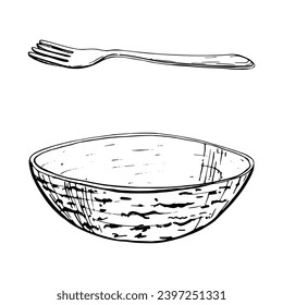 Hand drawn vector ink illustration. Kitchenware dishes utensils fork and bowl plate crockery ceramics. Single object element isolated on white. Restaurant, menu, food shop and package, flyer, print.