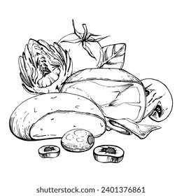 Handgezeichnete Vektorgrafik. Frisches Sortiment, Pilzkräuter aus Schinkenkäse. Zusammensetzung einzeln auf Weiß. Design-Restaurant, Speisekarte, Café, Lebensmittelgeschäft oder Paket, Flyer, Druck.