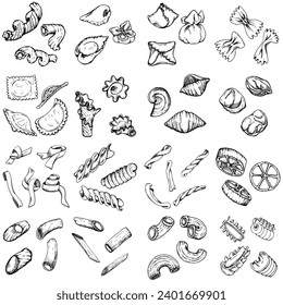 Hand drawn vector ink illustration. Types of pasta assortment Italian cuisine traditional dish. Set of single object elements isolated on white. Restaurant, menu, food shop and package, flyer, print.