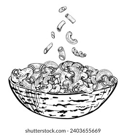 Ilustración de tinta vectorial dibujada a mano. El plato de la cocina italiana de la Pasta se eleva cavatappi penne fusilli rotini en un bol completo. Composición aislada en blanco. Restaurante, menú, paquete de comida, volante, impresión.