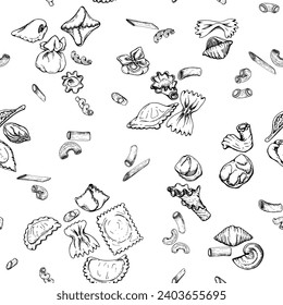 Hand drawn vector ink illustration. Different types of pasta Italian cuisine dish assortment penne ravioli spiral. Seamless pattern isolated on white. Restaurant menu, food shop package, flyer, print.