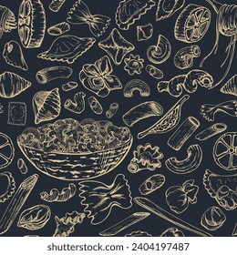 Ilustración de tinta vectorial dibujada a mano. Diferentes tipos de pastas cocina italiana surtido de penne ravioli espiral. Patrón sin foco aislado en la oscuridad. Menú del restaurante, paquete de la tienda de comida, volante, impresión.