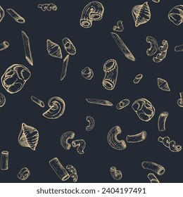 Hand drawn vector ink illustration. Pasta Italian elbows gobetti cavatappi conchiglie orecchiette penne rigatoni. Seamless pattern isolated on dark. Restaurant, menu, food shop package, flyer, print.