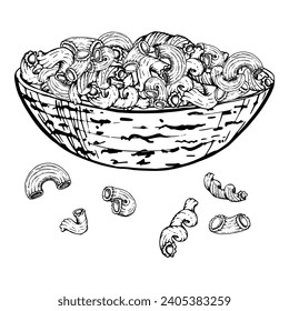 Ilustración de tinta vectorial dibujada a mano. El plato de la cocina italiana de la Pasta se eleva cavatappi penne fusilli rotini en un bol completo. Composición aislada en blanco. Restaurante, menú, paquete de comida, volante, impresión.