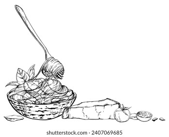 Ilustración de tinta vectorial dibujada a mano. Platos de la pasta italiana, tazón de fideos de espagueti, hierbas de tomate de queso parmesano. Composición aislada en blanco. Restaurante, menú, paquete de comida, volante, impresión.