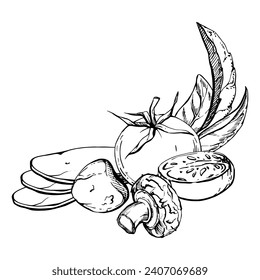 Hand drawn vector ink illustration. Tomato champignon mozzarella cheese basil herb leaves fresh products meal. Composition isolated on white. Restaurant menu, cafe, food shop or package, flyer, print.