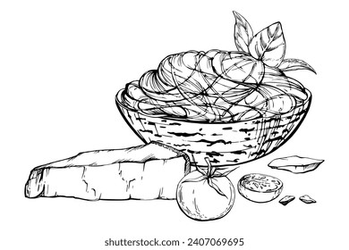 Ilustración de tinta vectorial dibujada a mano. Platos de la Pasta Italiana, fideos de espagueti, albahaca de tomate, hojas de orégano. Composición aislada en blanco. Restaurante, menú, paquete de comida, volante, impresión.