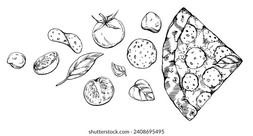 Hand drawn vector ink illustration. Pepperoni pizza slice, mozzarella tomato basil, Italian cuisine. Composition isolated on white. Design for restaurant menu, cafe, food shop or package, flyer print.