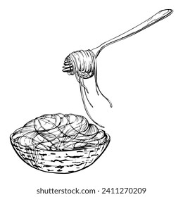 Ilustración de tinta vectorial dibujada a mano. Plato italiano de pasta de comida spaghetti vermicelli retorcido en la horquilla y en el tazón. Composición aislada en blanco. Menú del restaurante, paquete de la tienda de comida, volante, impresión.