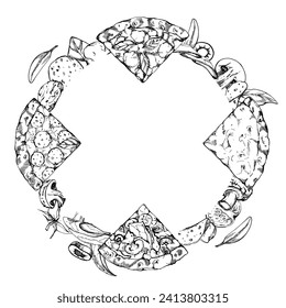 Hand drawn vector ink illustration. Pizza slices and toppings ingredients, Italian cuisine meal. Wreath frame isolated on white. Design for restaurant, menu, cafe, food shop or package, flyer, print.