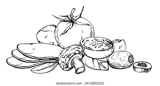 Hand drawn vector ink illustration. Tomato champignon mozzarella cheese basil herb leaves fresh products meal. Composition isolated on white. Restaurant menu, cafe, food shop or package, flyer, print