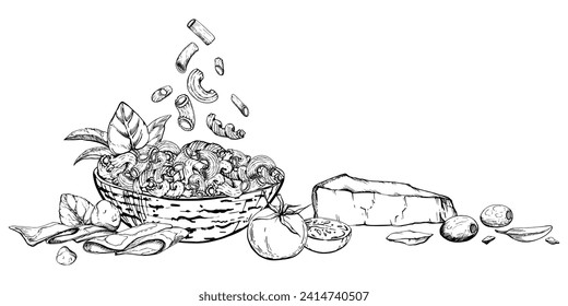Handgezeichnete Vektorgrafik. Italienische Pasta-Küche, Ellbogen-Gobetti-Penne, Käse-Tomaten-Kräuterkräutern Schinken Oliven. Zusammensetzung einzeln auf Weiß. Restaurant, Speisekarte, Gastronomiepaket, Flyer, Druck.