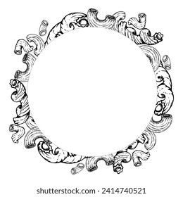 Hand drawn vector ink illustration. Types of pasta Italian cuisine, elbows penne rigatoni cavatappi spirals. Circle wreath frame isolated on white. Restaurant menu, food shop and package, flyer print.
