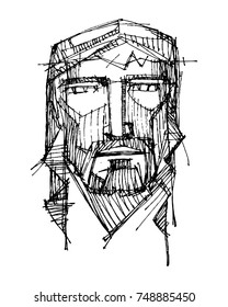 Hand drawn vector ink illustration or drawing of Jesus Christ Face