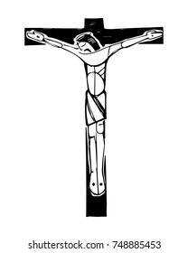 Hand drawn vector ink illustration or drawing of Jesus Christ at the Cross