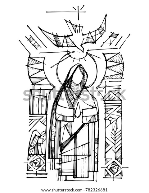聖母マリア 聖霊 宗教上のシンボルの手描きのベクターインクイラストまたは絵 のベクター画像素材 ロイヤリティフリー